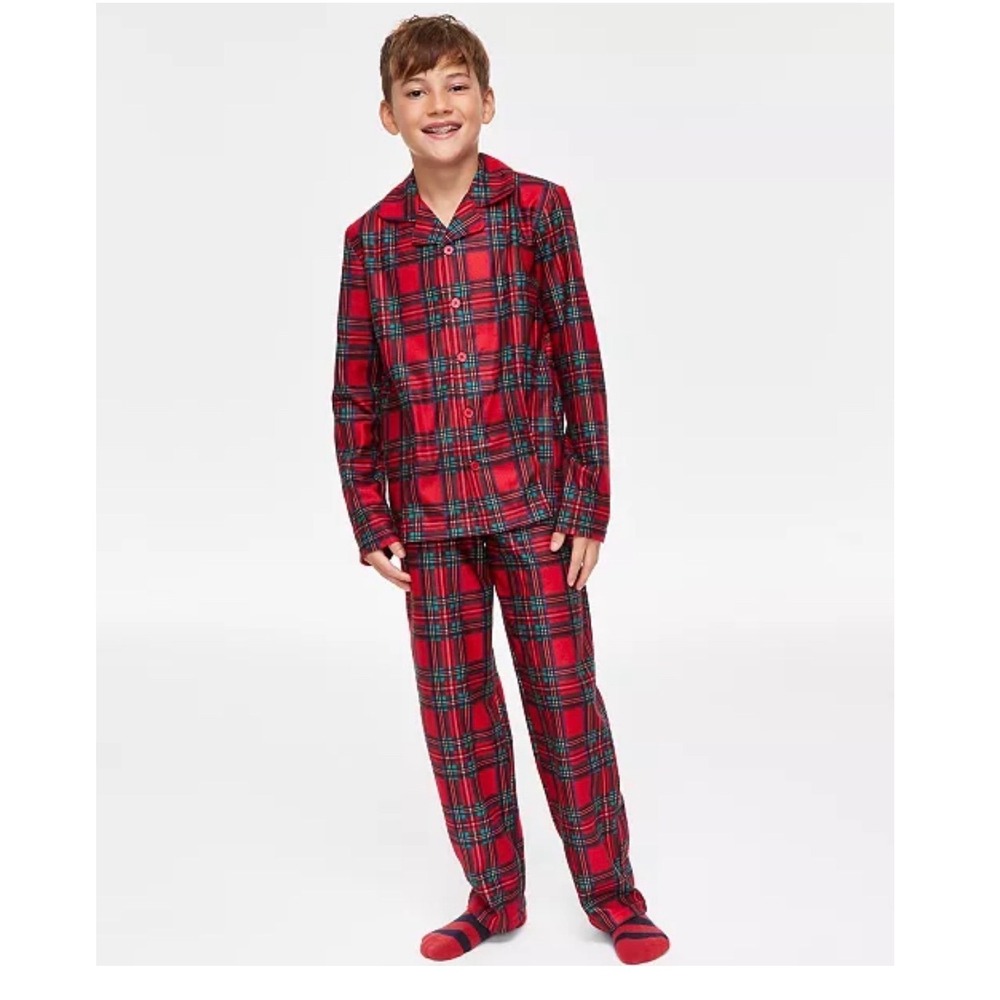 Unisex Kids XL 14-16 Red Plaid Pajama Set 2pc Button Down Holiday Christmas